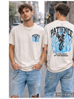 CVLA Patience Angel Flame Graphic Tee Cream Streetwear Blue Flames